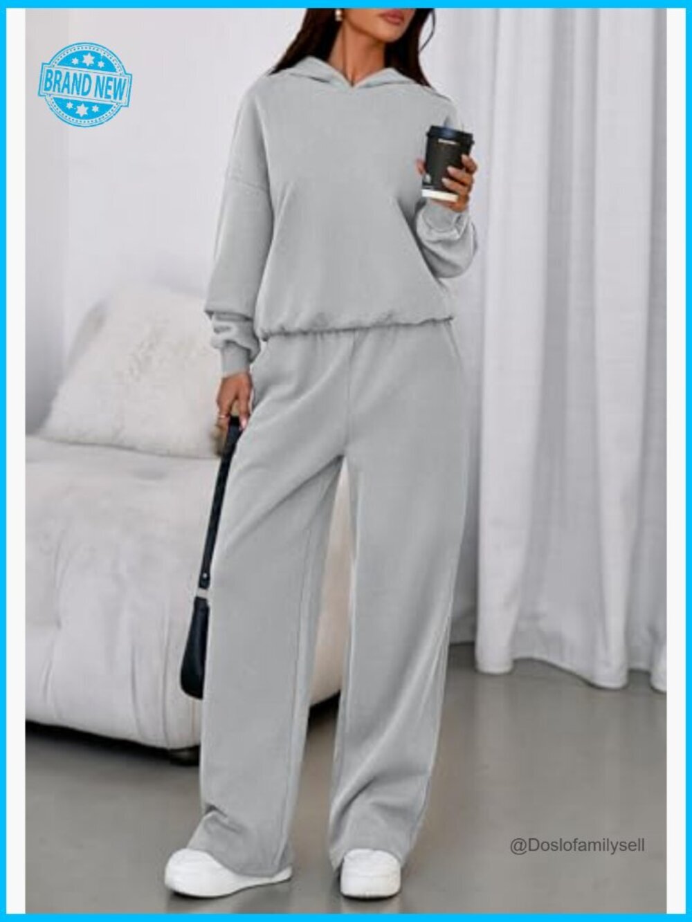 Cozy 2 Piece Hoodie & Wide Leg Sweatpants Set Loose Fit Tracksuit Lounge - Picture 5 of 7